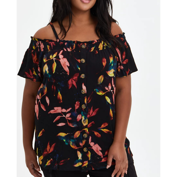 NWT Torrid SMOCKED COLD-SHOULDER BLOUSE - GAUZE LEAF BLACK Plus Size 2X - Picture 1 of 6
